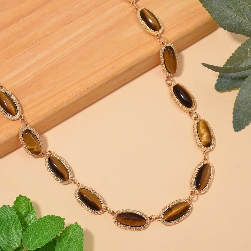 Gold-Tone Tiger Eye Link Necklace - Brown Oval Stone Necklace